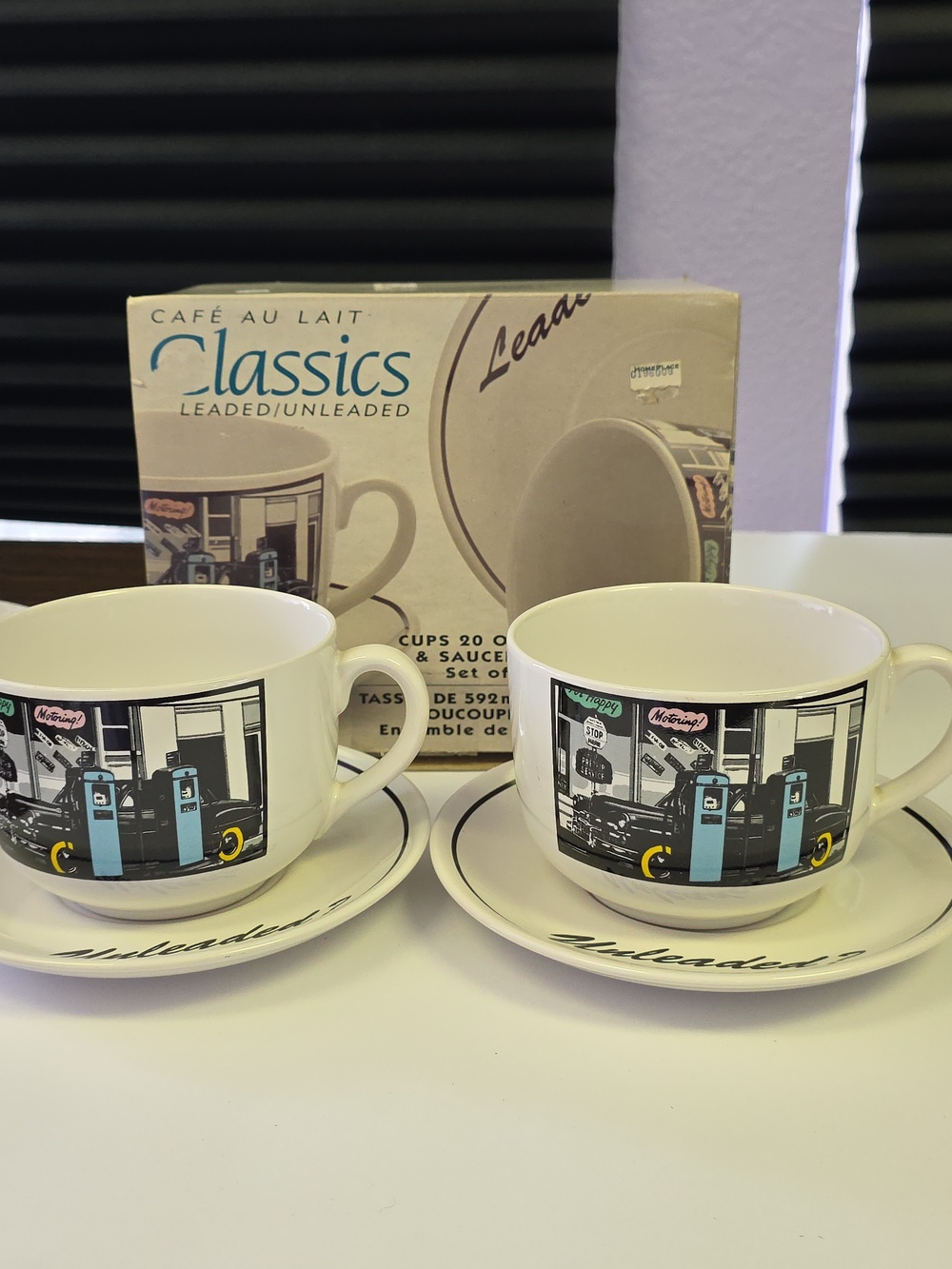 Café Au Lait Classics Leaded/Unleaded Gas Station Coffee Cup & Saucer Set of 2